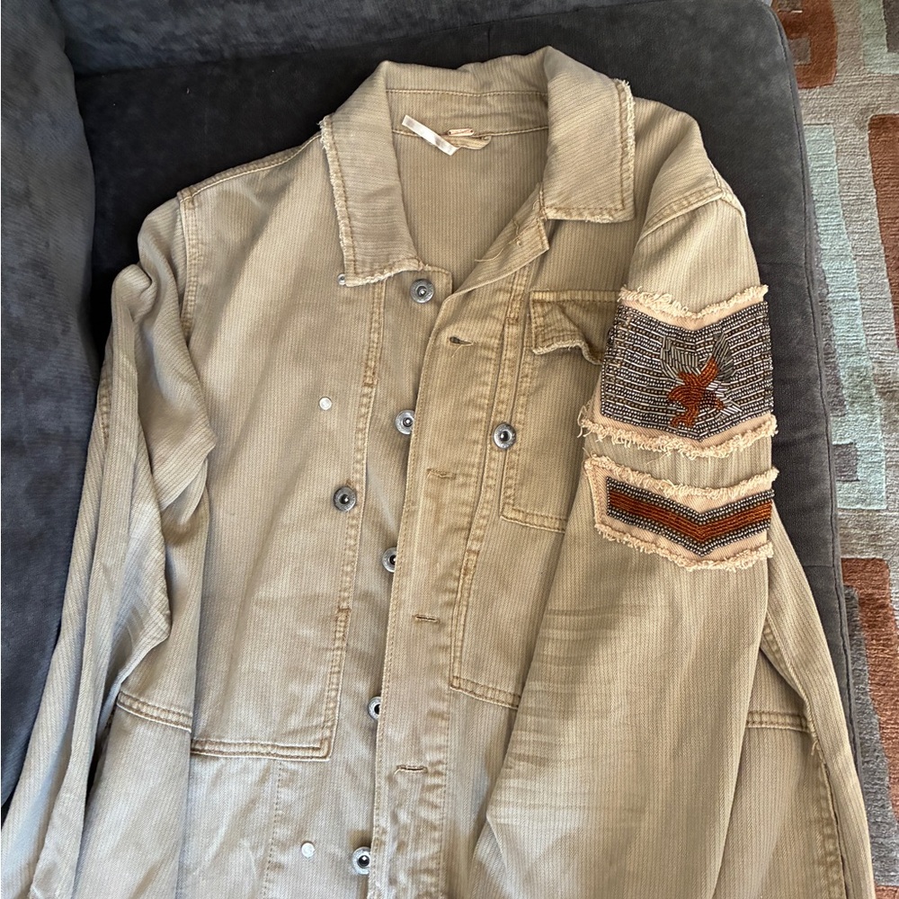 Free People Tan Utility Jacket with Funky Beading
